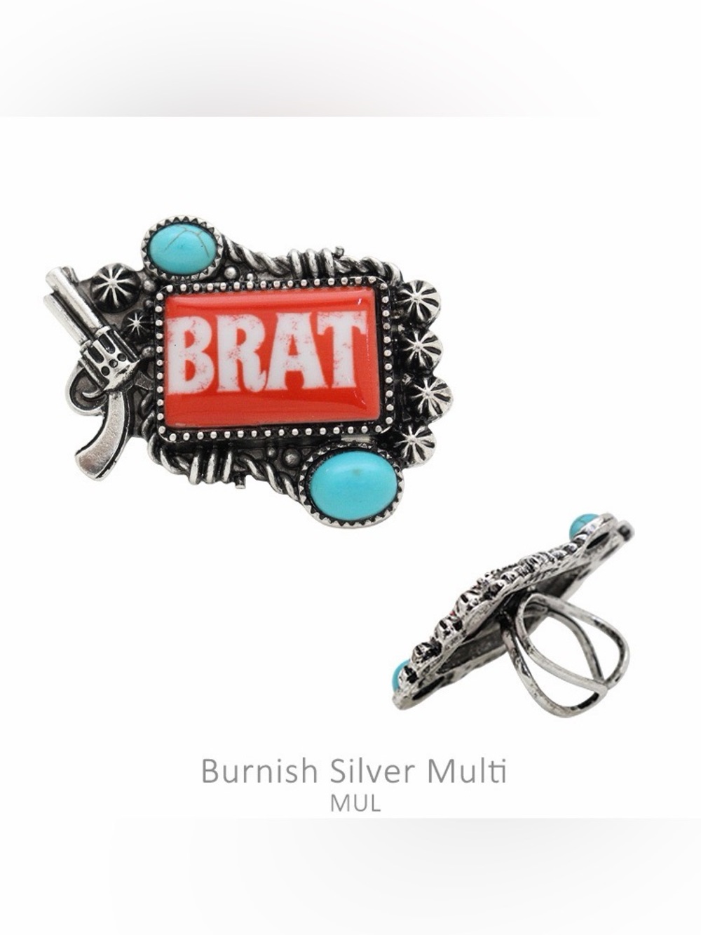 BRAT Western Statement Ring in Coral and Turquoise New